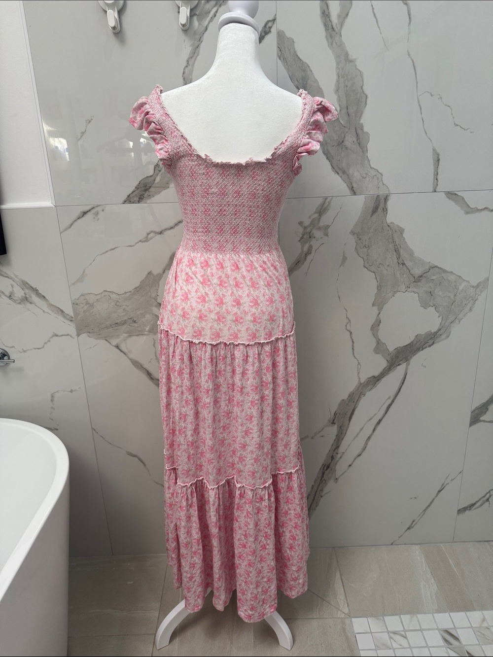 LoveShackFancy Chesie Pink Floral Smocked Maxi Dress Ruffle Straps Rosebud Print - Picture 8 of 10